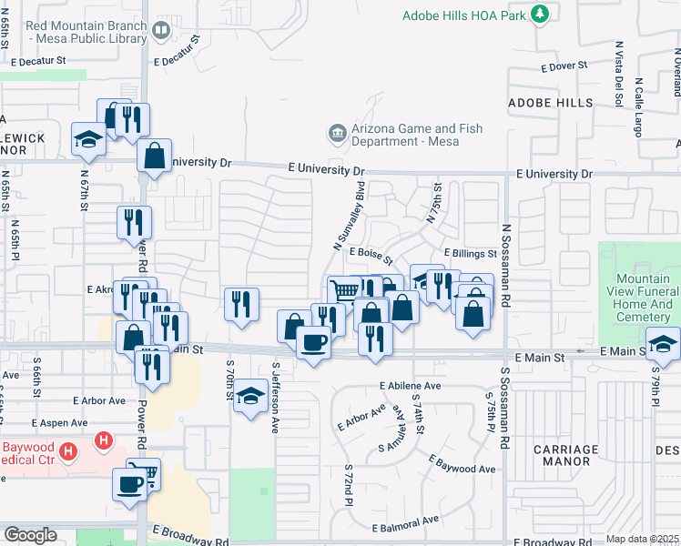 map of restaurants, bars, coffee shops, grocery stores, and more near 125 North Sunvalley Boulevard in Mesa