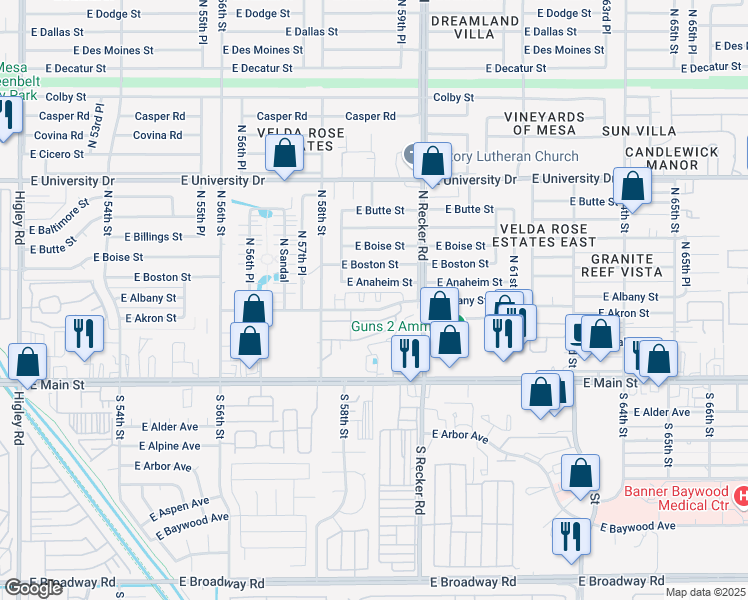 map of restaurants, bars, coffee shops, grocery stores, and more near 5910 East Albany Street in Mesa