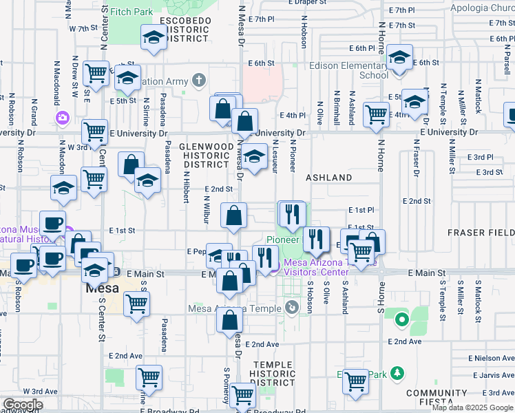 map of restaurants, bars, coffee shops, grocery stores, and more near 435 East 2nd Street in Mesa