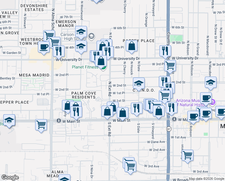 map of restaurants, bars, coffee shops, grocery stores, and more near 744 West 1st Place in Mesa