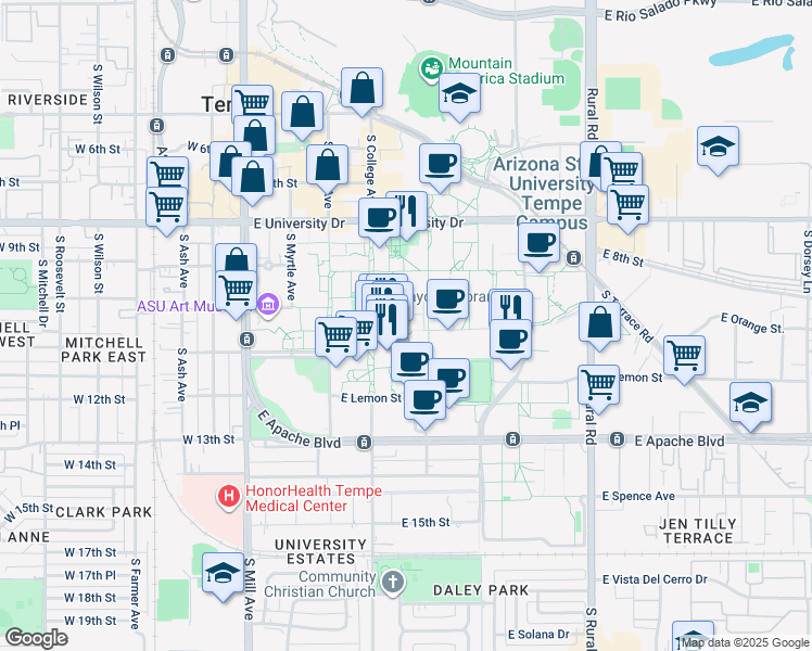 map of restaurants, bars, coffee shops, grocery stores, and more near in Tempe