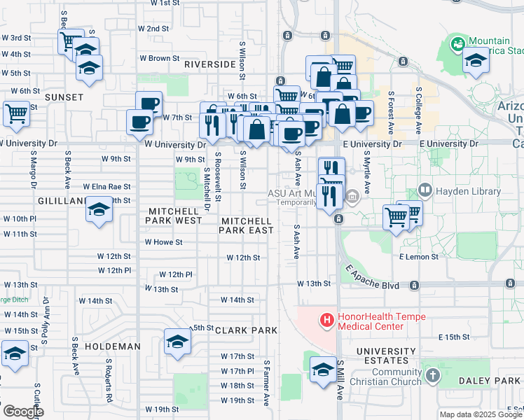map of restaurants, bars, coffee shops, grocery stores, and more near 1021 South Wilson Street in Tempe