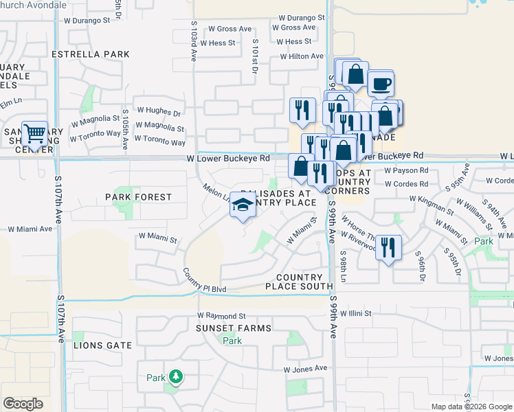 map of restaurants, bars, coffee shops, grocery stores, and more near 3036 South 101st Drive in Tolleson