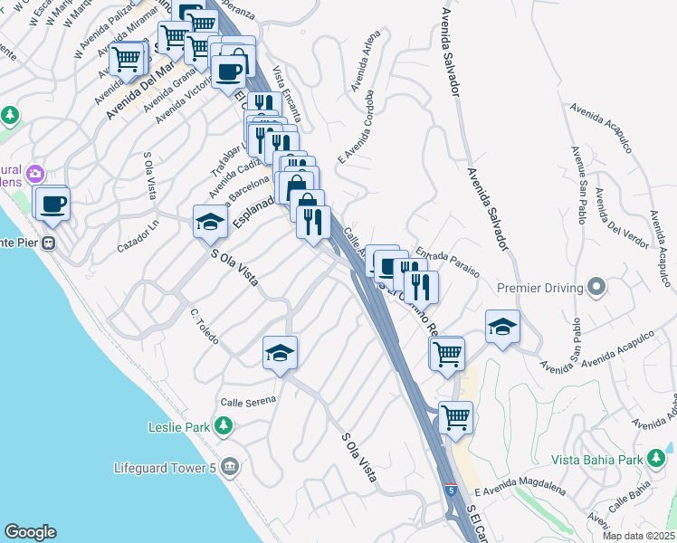 map of restaurants, bars, coffee shops, grocery stores, and more near 105 Avenida Del Presidente in San Clemente