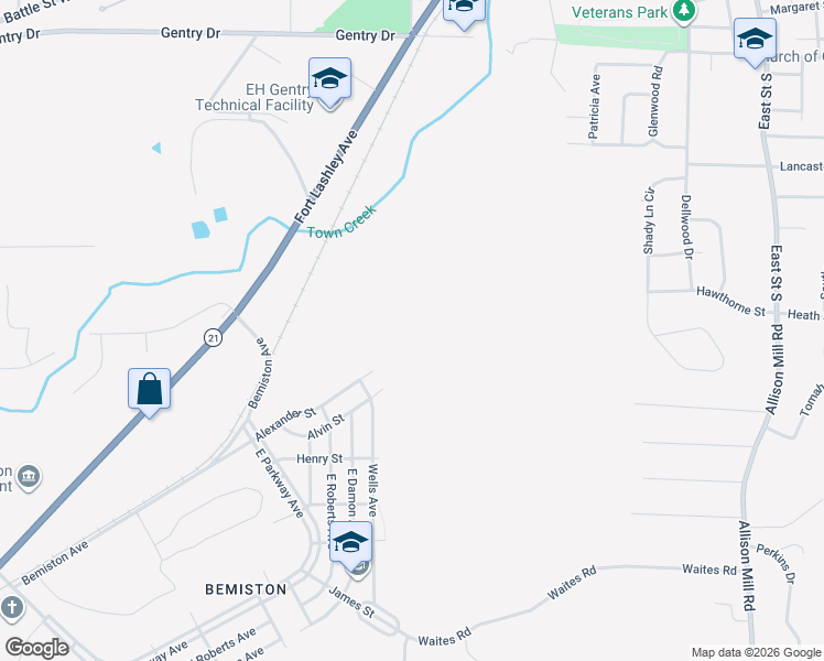 map of restaurants, bars, coffee shops, grocery stores, and more near 402 Alexander Street in Talladega