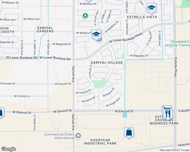 map of restaurants, bars, coffee shops, grocery stores, and more near 16126 West Miami Street in Goodyear