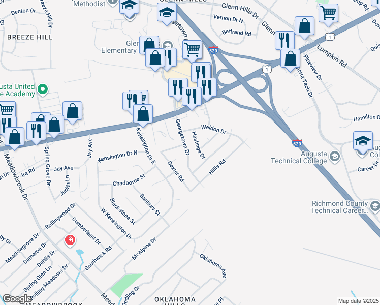 map of restaurants, bars, coffee shops, grocery stores, and more near 2517 Georgetown Drive in Augusta