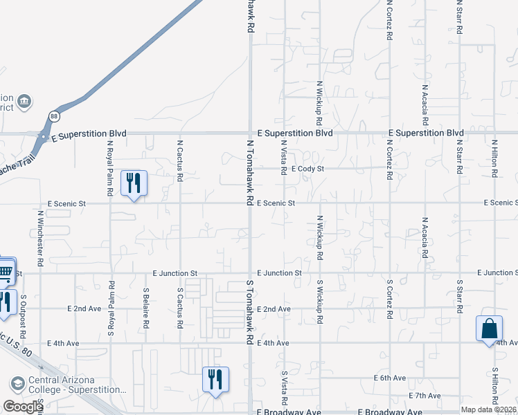 map of restaurants, bars, coffee shops, grocery stores, and more near 385 North Tomahawk Road in Apache Junction
