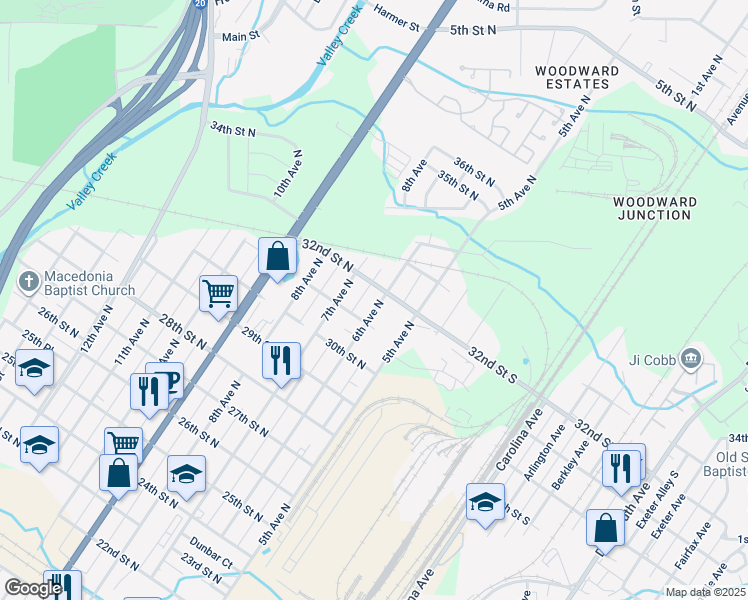 map of restaurants, bars, coffee shops, grocery stores, and more near 3124 6th Avenue North in Bessemer