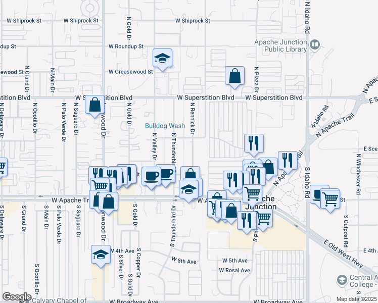 map of restaurants, bars, coffee shops, grocery stores, and more near 384 North Rennick Drive in Apache Junction