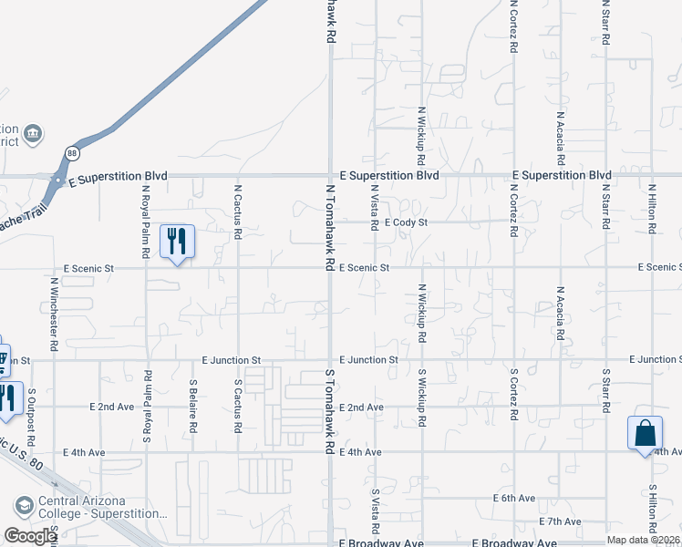 map of restaurants, bars, coffee shops, grocery stores, and more near 385 North Tomahawk Road in Apache Junction