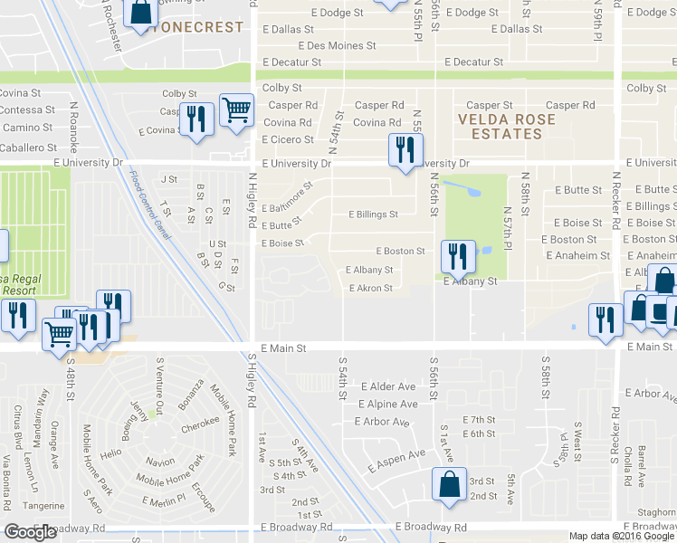 map of restaurants, bars, coffee shops, grocery stores, and more near 144 North 54th Street in Mesa