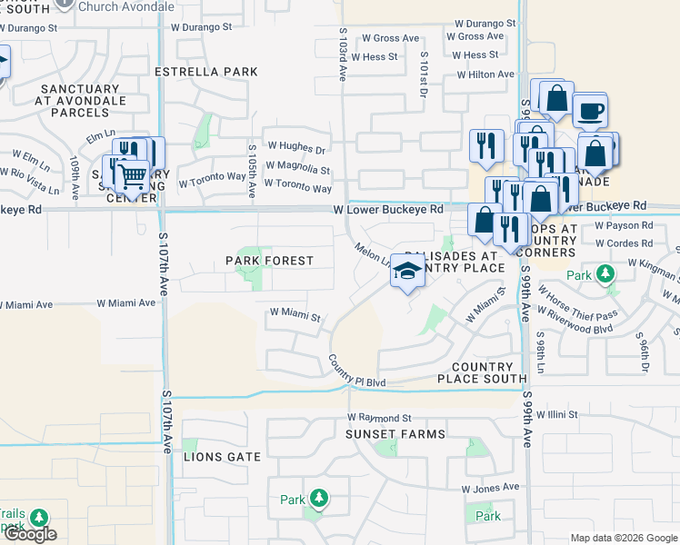 map of restaurants, bars, coffee shops, grocery stores, and more near 3026 South 102nd Lane in Tolleson