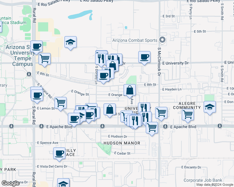 map of restaurants, bars, coffee shops, grocery stores, and more near 1350 East Orange Street in Tempe