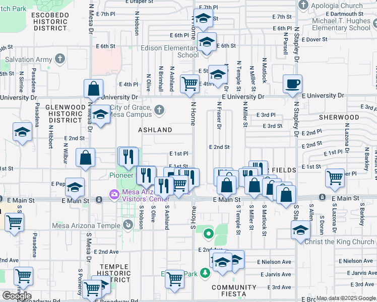map of restaurants, bars, coffee shops, grocery stores, and more near 780 East 1st Place in Mesa