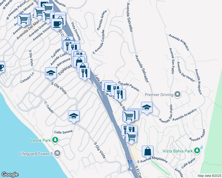 map of restaurants, bars, coffee shops, grocery stores, and more near 107 East Avenida San Juan in San Clemente