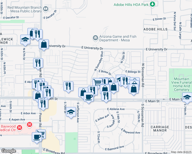 map of restaurants, bars, coffee shops, grocery stores, and more near 125 North Sunvalley Boulevard in Mesa