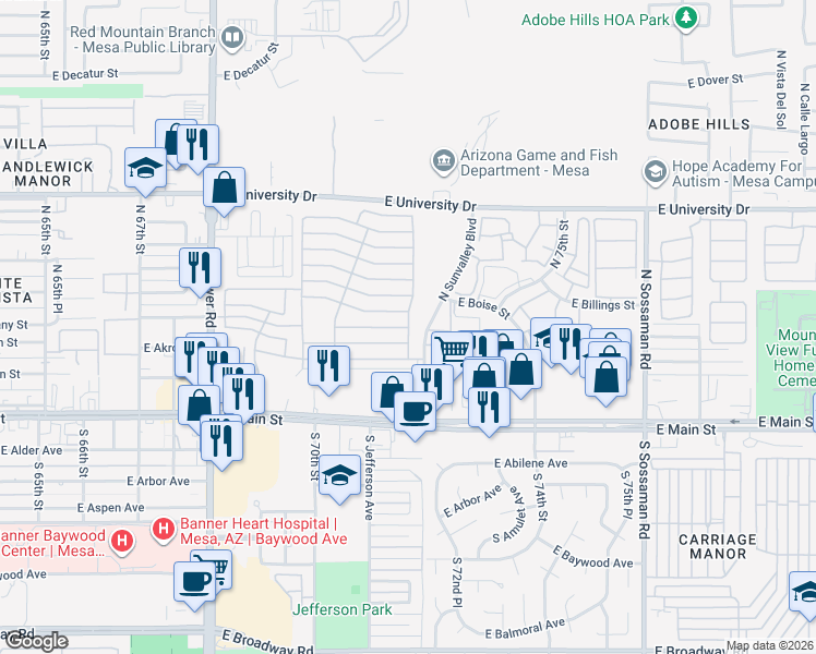 map of restaurants, bars, coffee shops, grocery stores, and more near East 3rd Avenue in Mesa