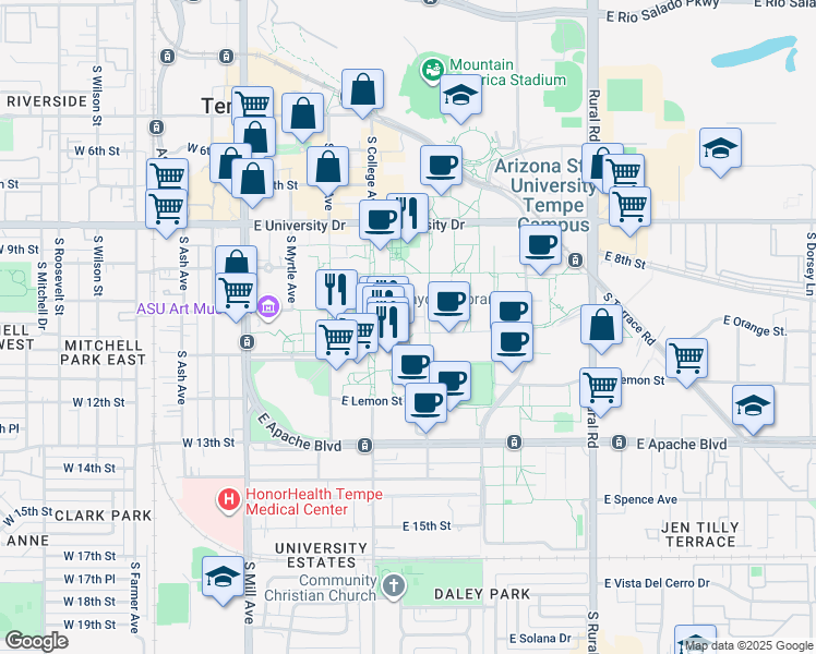 map of restaurants, bars, coffee shops, grocery stores, and more near 400 East Orange Street in Tempe