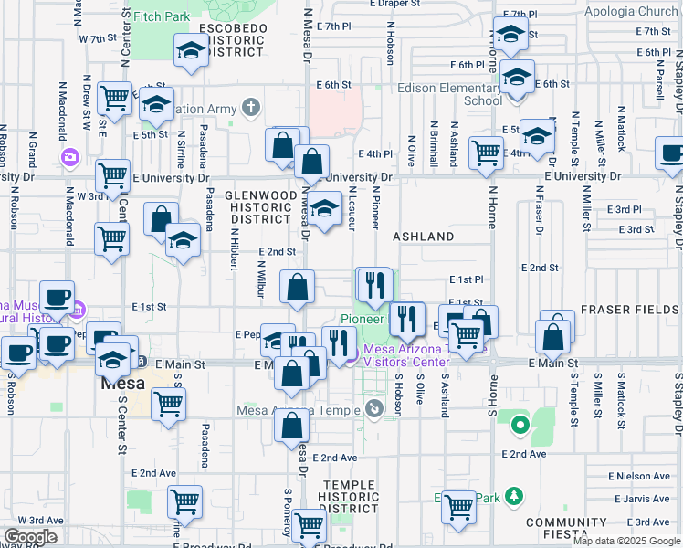 map of restaurants, bars, coffee shops, grocery stores, and more near 435 East 2nd Street in Mesa