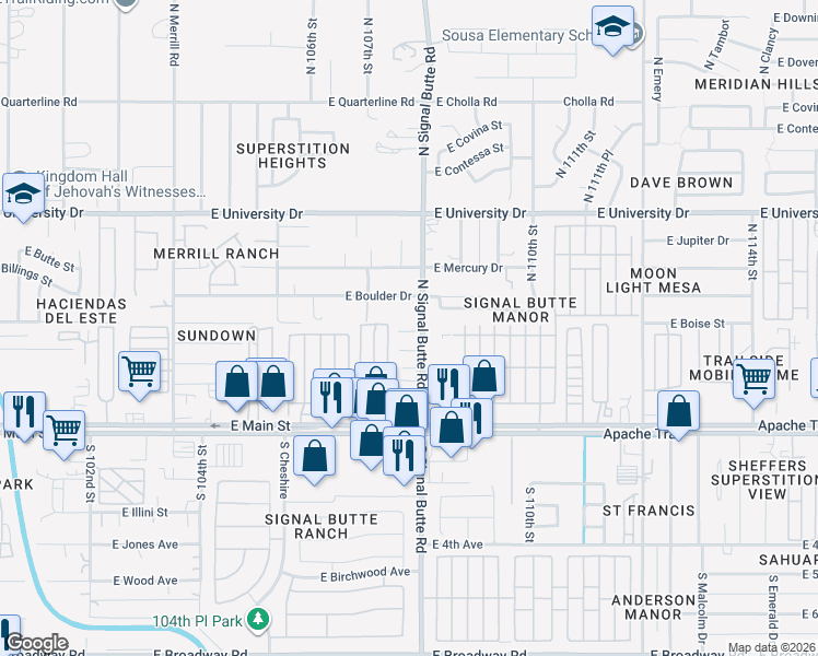 map of restaurants, bars, coffee shops, grocery stores, and more near 150 North Signal Butte Road in Apache Junction