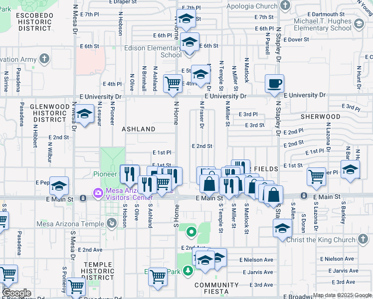 map of restaurants, bars, coffee shops, grocery stores, and more near 146 North Fraser Drive West in Mesa