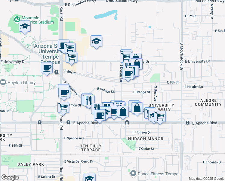 map of restaurants, bars, coffee shops, grocery stores, and more near 1150 East Orange Street in Tempe