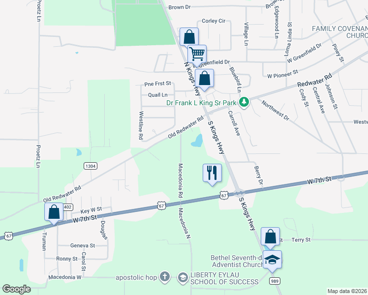 map of restaurants, bars, coffee shops, grocery stores, and more near 71 Macedonia Road in Texarkana