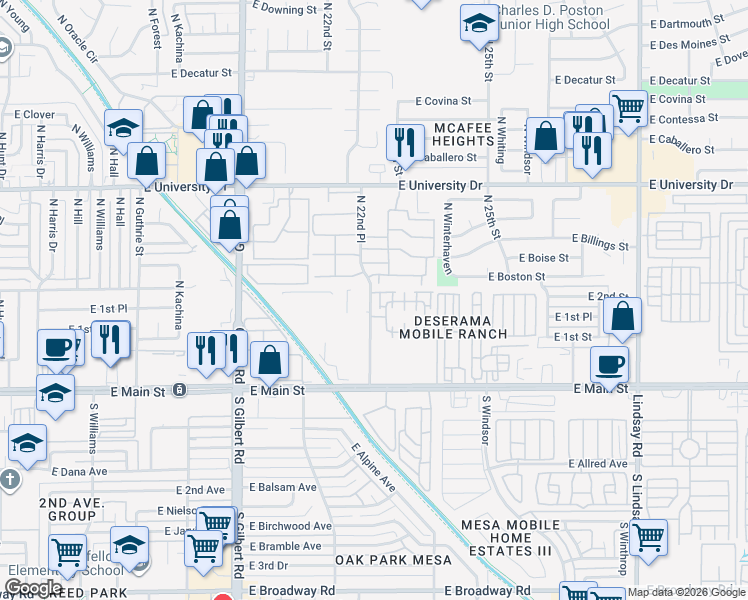 map of restaurants, bars, coffee shops, grocery stores, and more near 125 North 22nd Place in Mesa
