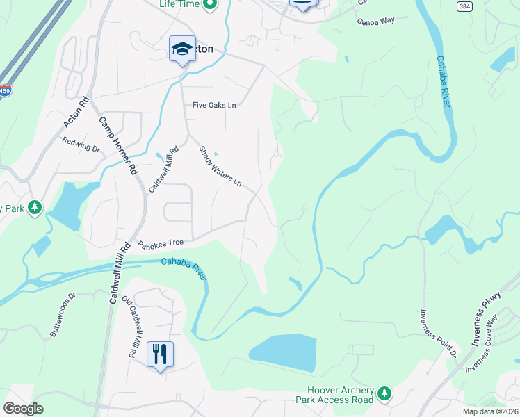 map of restaurants, bars, coffee shops, grocery stores, and more near 4804 Shady Waters Lane in Birmingham