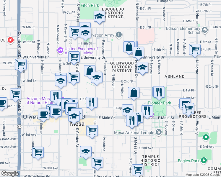 map of restaurants, bars, coffee shops, grocery stores, and more near 140 North Hibbert in Mesa