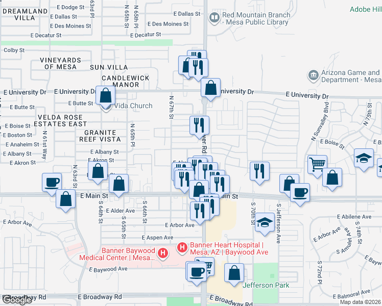 map of restaurants, bars, coffee shops, grocery stores, and more near 6751 East Albany Street in Mesa