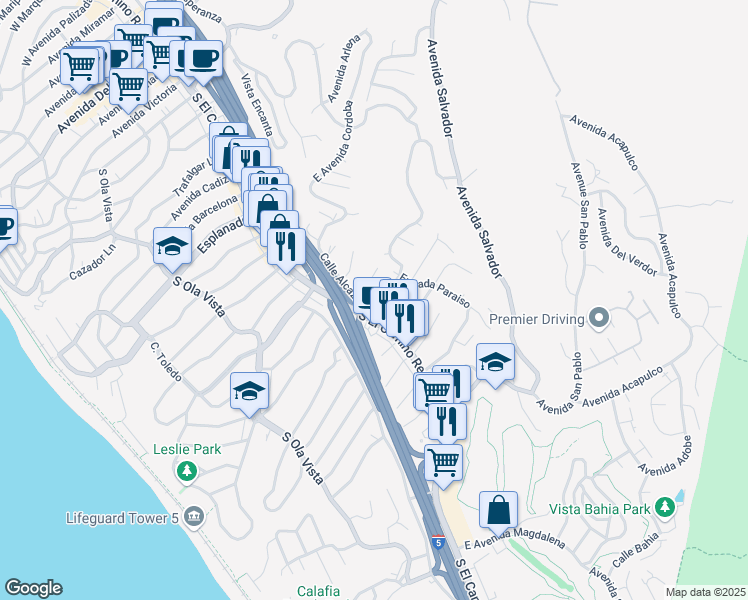 map of restaurants, bars, coffee shops, grocery stores, and more near 107 East Avenida San Juan in San Clemente