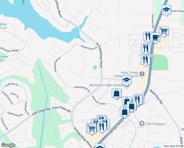 map of restaurants, bars, coffee shops, grocery stores, and more near 403 North Peachtree Parkway in Peachtree City