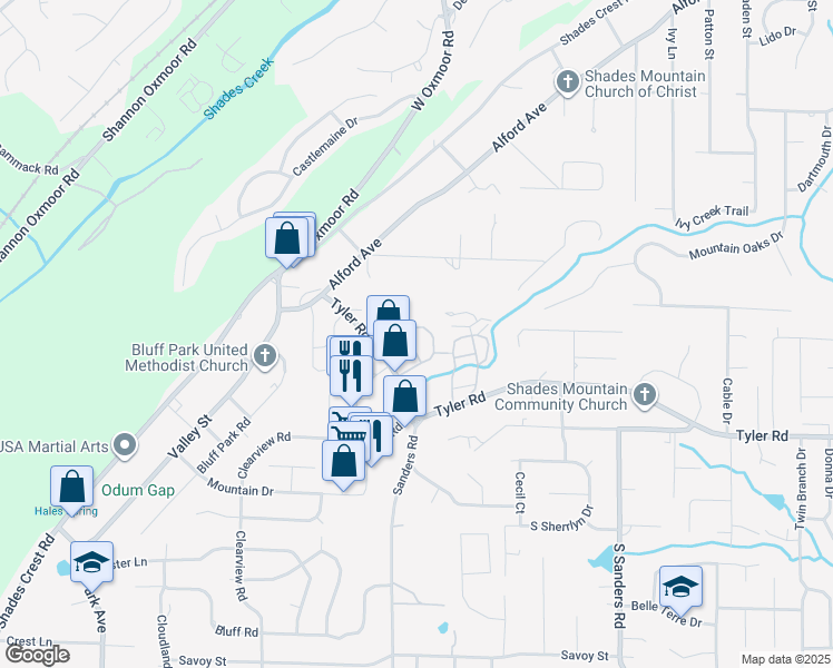 map of restaurants, bars, coffee shops, grocery stores, and more near 1608 Huckleberry Lane in Hoover