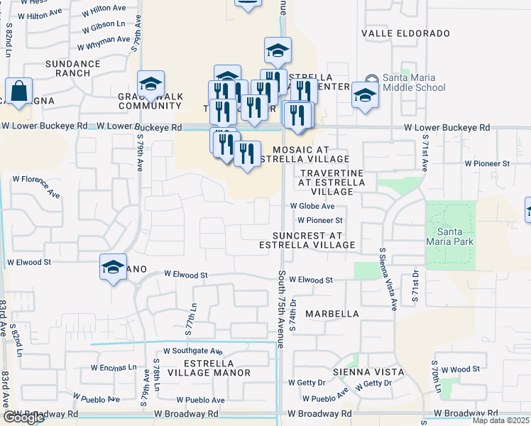 map of restaurants, bars, coffee shops, grocery stores, and more near 3232 South 75th Drive in Phoenix