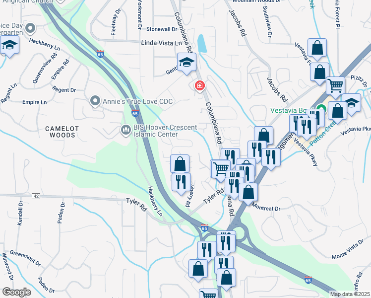 map of restaurants, bars, coffee shops, grocery stores, and more near 123 Castlehill Drive in Vestavia Hills