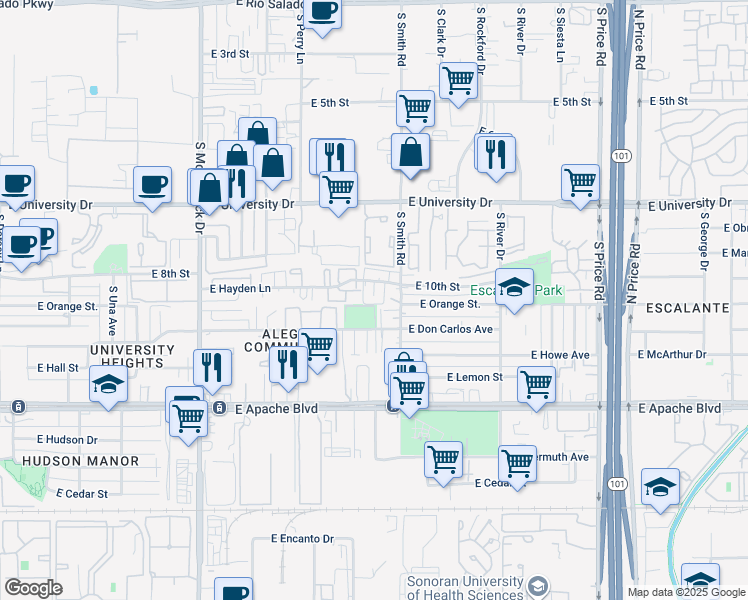 map of restaurants, bars, coffee shops, grocery stores, and more near 920 South Kenwood Circle in Tempe