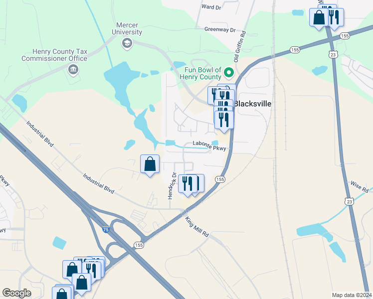 map of restaurants, bars, coffee shops, grocery stores, and more near 2540 Marlin Drive in McDonough