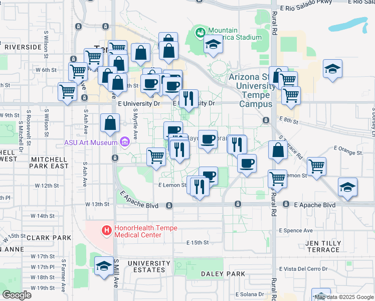 map of restaurants, bars, coffee shops, grocery stores, and more near 400 East Orange Street in Tempe