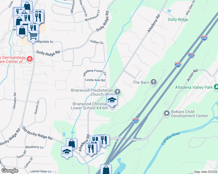 map of restaurants, bars, coffee shops, grocery stores, and more near 3653 Dabney Drive in Vestavia Hills