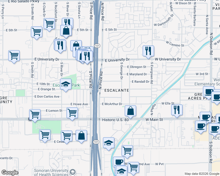 map of restaurants, bars, coffee shops, grocery stores, and more near 2308 East Victory Drive in Tempe
