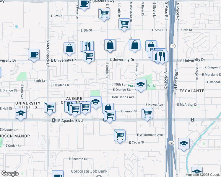 map of restaurants, bars, coffee shops, grocery stores, and more near 2008 East Orange Street in Tempe