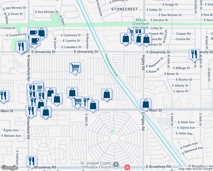 map of restaurants, bars, coffee shops, grocery stores, and more near 4860 East Main Street in Mesa