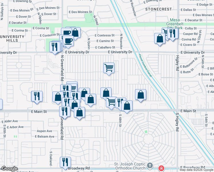 map of restaurants, bars, coffee shops, grocery stores, and more near Mobile Home Park in Mesa