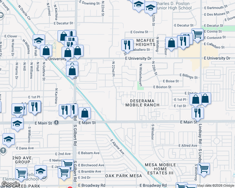 map of restaurants, bars, coffee shops, grocery stores, and more near 125 North 22nd Place in Mesa