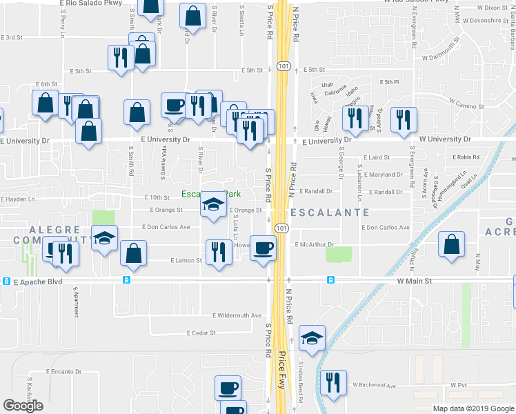 map of restaurants, bars, coffee shops, grocery stores, and more near in Tempe