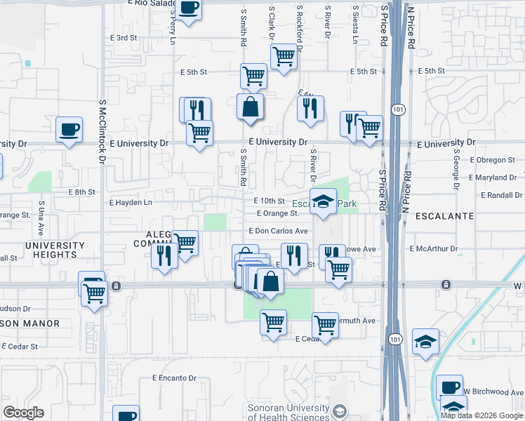 map of restaurants, bars, coffee shops, grocery stores, and more near 2008 East Orange Street in Tempe
