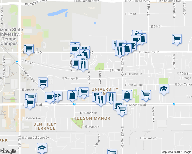 map of restaurants, bars, coffee shops, grocery stores, and more near 1418 East Orange Street in Tempe