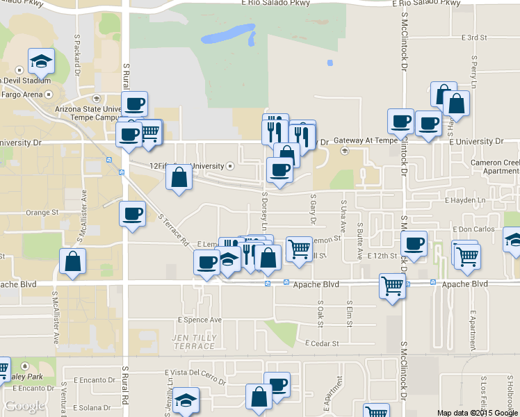 map of restaurants, bars, coffee shops, grocery stores, and more near 912 South Dorsey Lane in Tempe